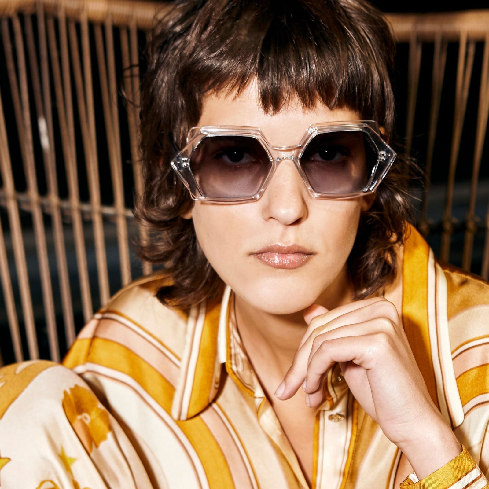 Striped Silk Shirt and Geometric Sunglasses Striped Silk Shirt and Geometric Sunglasses — Trendy Vintage Style
