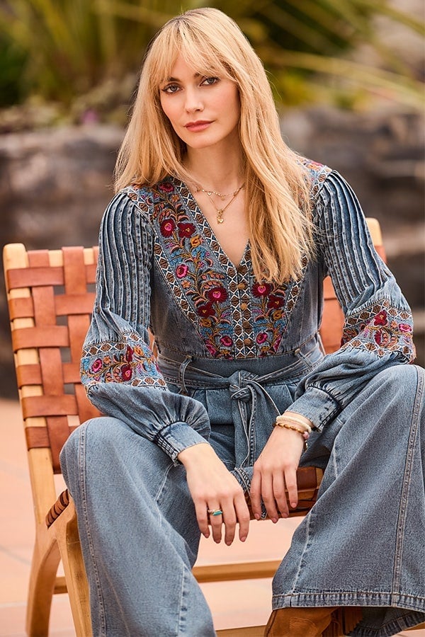Embroidered Denim Top and Wide Leg Pants Embroidered Denim Top and Wide Leg Pants — Trendy Vintage Style