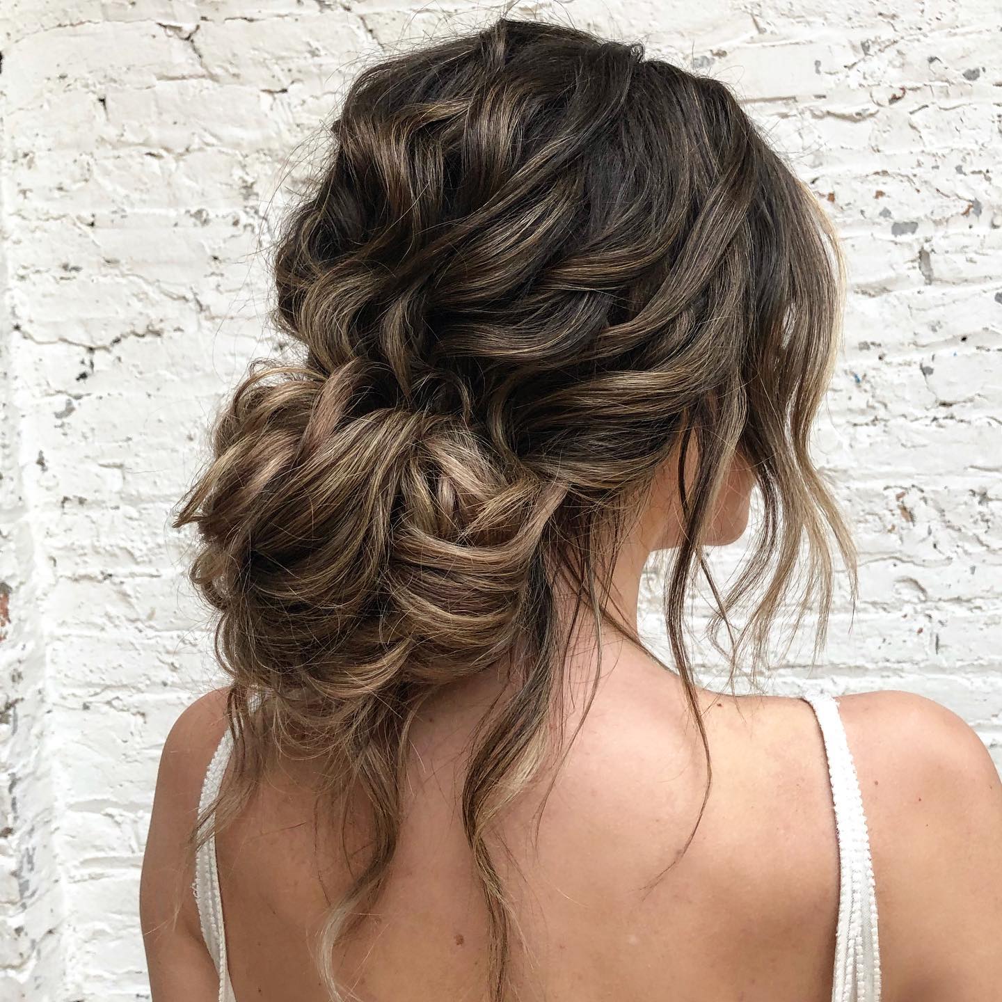 Dark Brown Messy Updo With Balayage — Trendy Wedding Guest Updos
