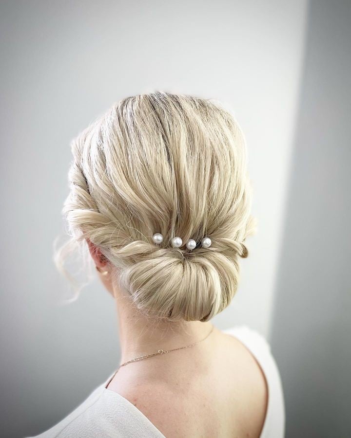 Blonde Updo With Pearl Accents, Collarbone — Trendy Wedding Guest Updos