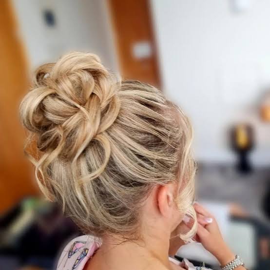 Blonde Updo With Braids and Curls, Collarbone — Trendy Wedding Guest Updos