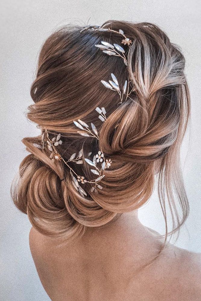 Medium Brown Braided Updo With Hair Vine — Trendy Wedding Guest Updos