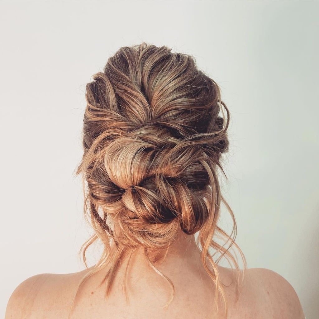 Blonde Textured Updo With Intricate Knot — Trendy Wedding Guest Updos