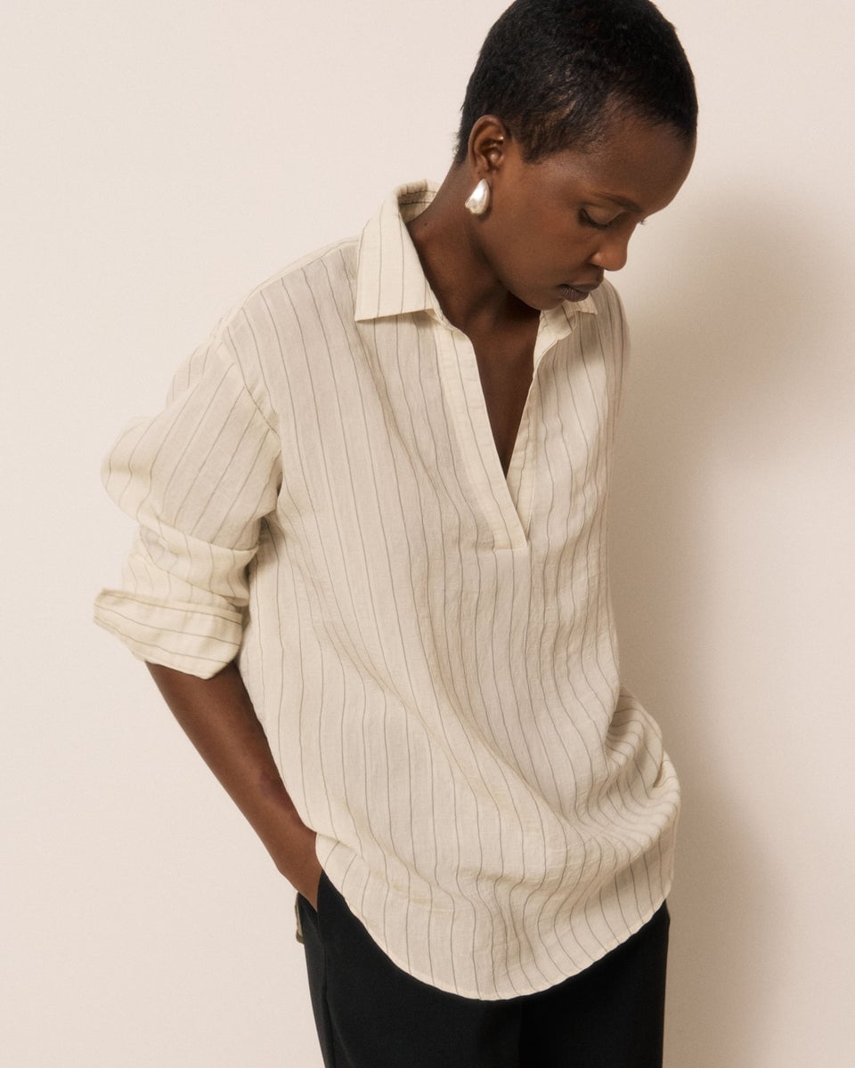 Oversized Striped Linen Shirt With Pearl Earrings — Trendy White Shirt Outfits