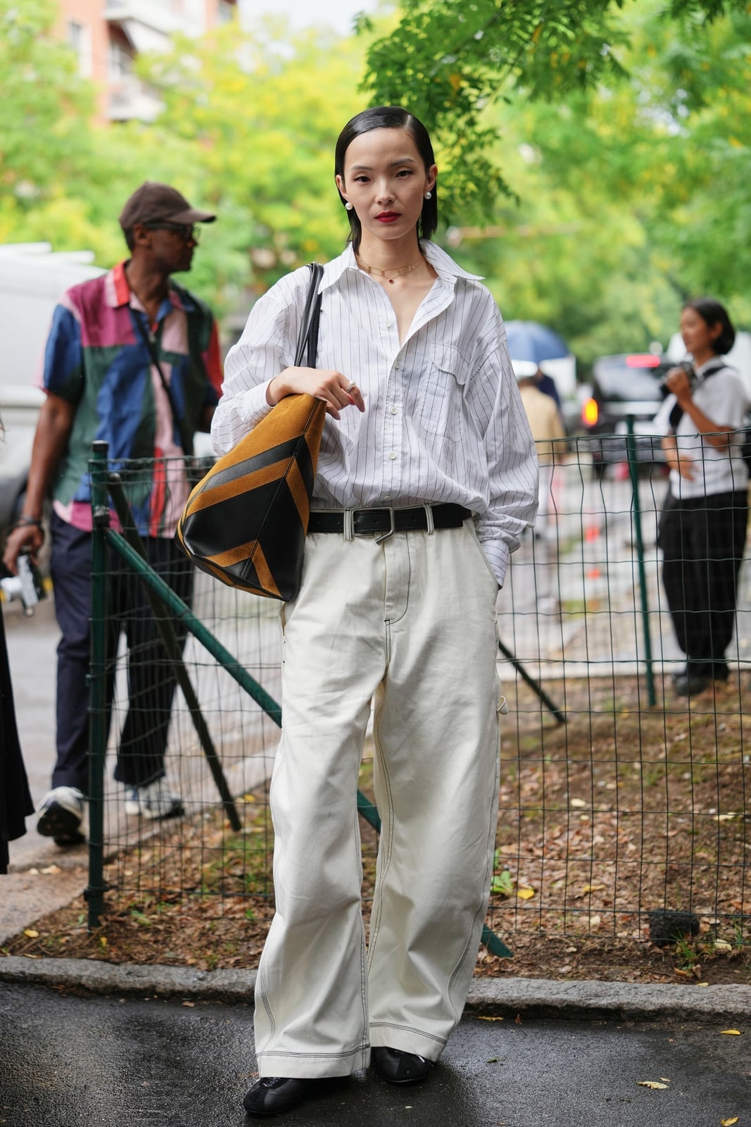 Oversized Pinstripe Shirt With Cream Trousers — Trendy White Shirt Outfits