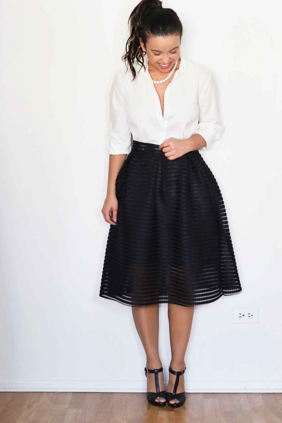 White Shirt With Full Black Midi Skirt — Trendy White Shirt Outfits