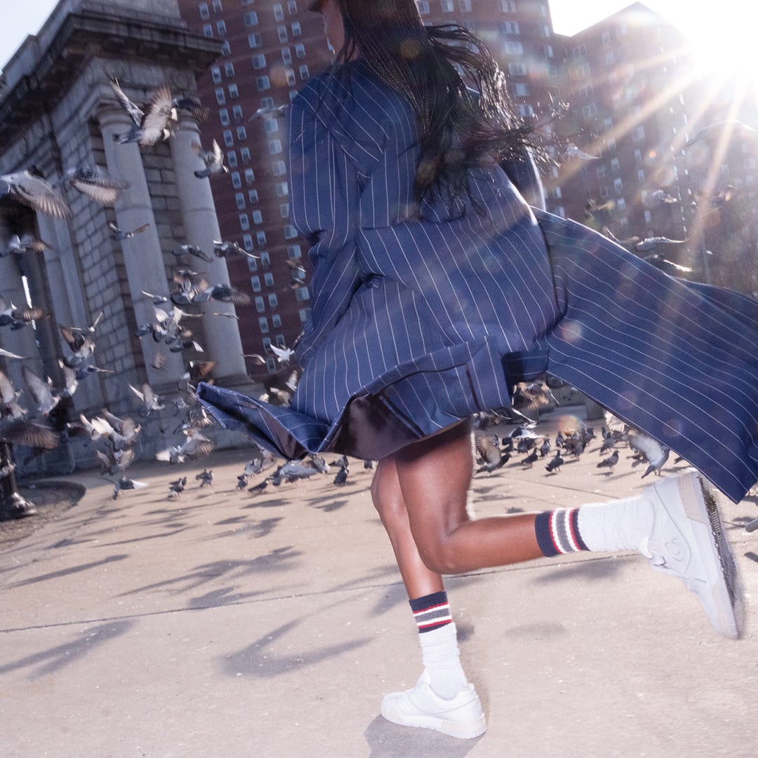 Denim Jacket and White Mini Skirt with White Sneakers, Close-Up Take Denim Jacket and White Mini Skirt with White Sneakers, Close-Up Take — Trendy White Sneakers Outfits