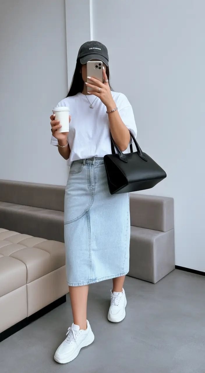 Denim Midi Skirt and White T-shirt with White Sneakers Denim Midi Skirt and White T-shirt with White Sneakers — Trendy White Sneakers Outfits