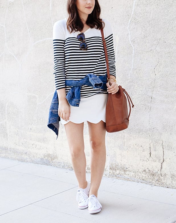 Striped Top and Scalloped Skirt with White Sneakers Striped Top and Scalloped Skirt with White Sneakers — Trendy White Sneakers Outfits
