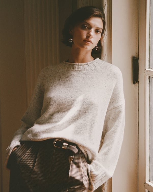 Speckled Knit Sweater With Tweed Trousers Speckled Knit Sweater With Tweed Trousers — Trendy White Sweater Outfit