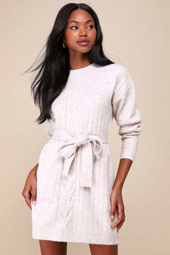 Light Beige Cable Knit Sweater Dress With Bow Belt Light Beige Cable Knit Sweater Dress With Bow Belt — Trendy White Sweater Outfit