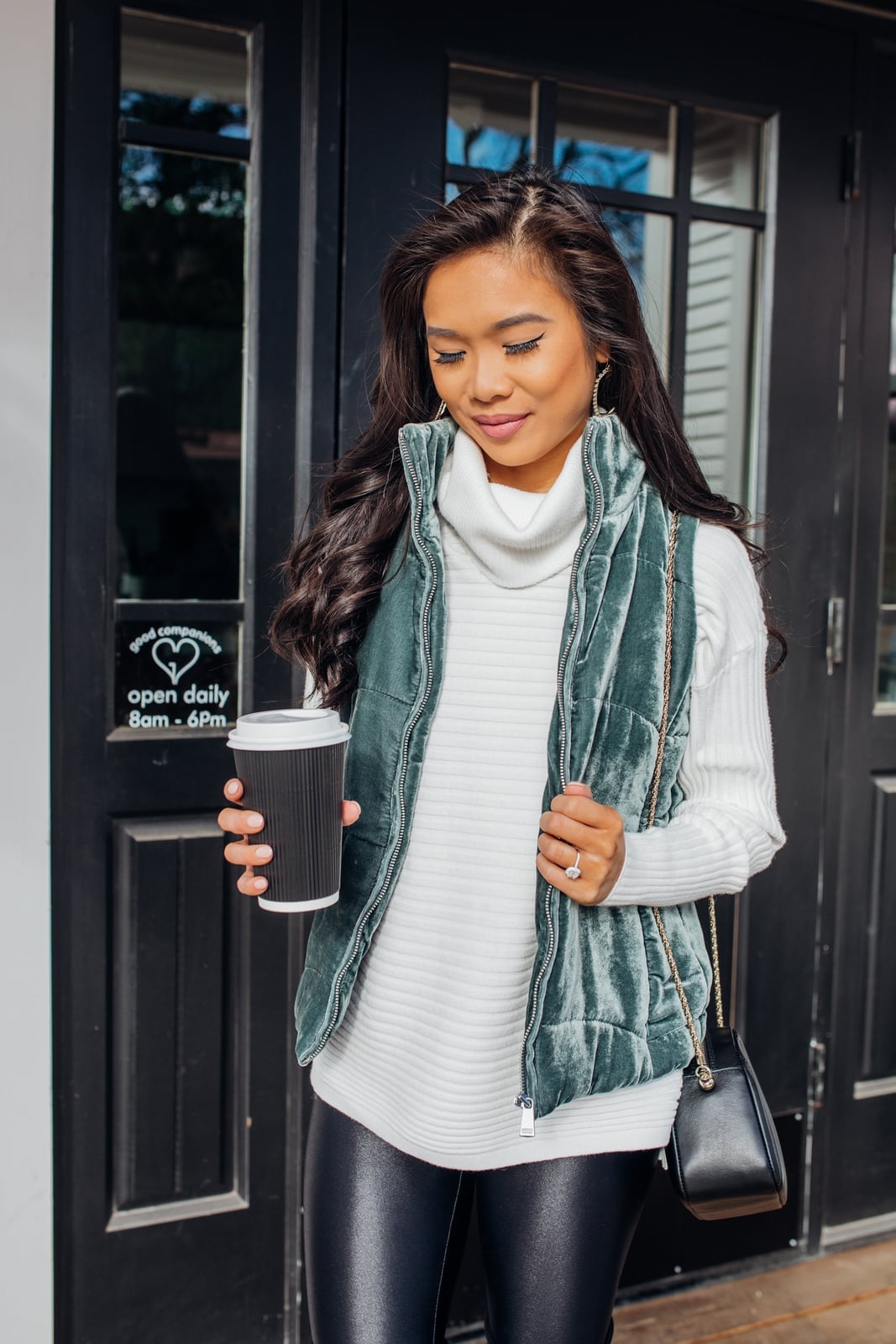 White Ribbed Turtleneck Under Green Velvet Vest White Ribbed Turtleneck Under Green Velvet Vest — Trendy White Sweater Outfit