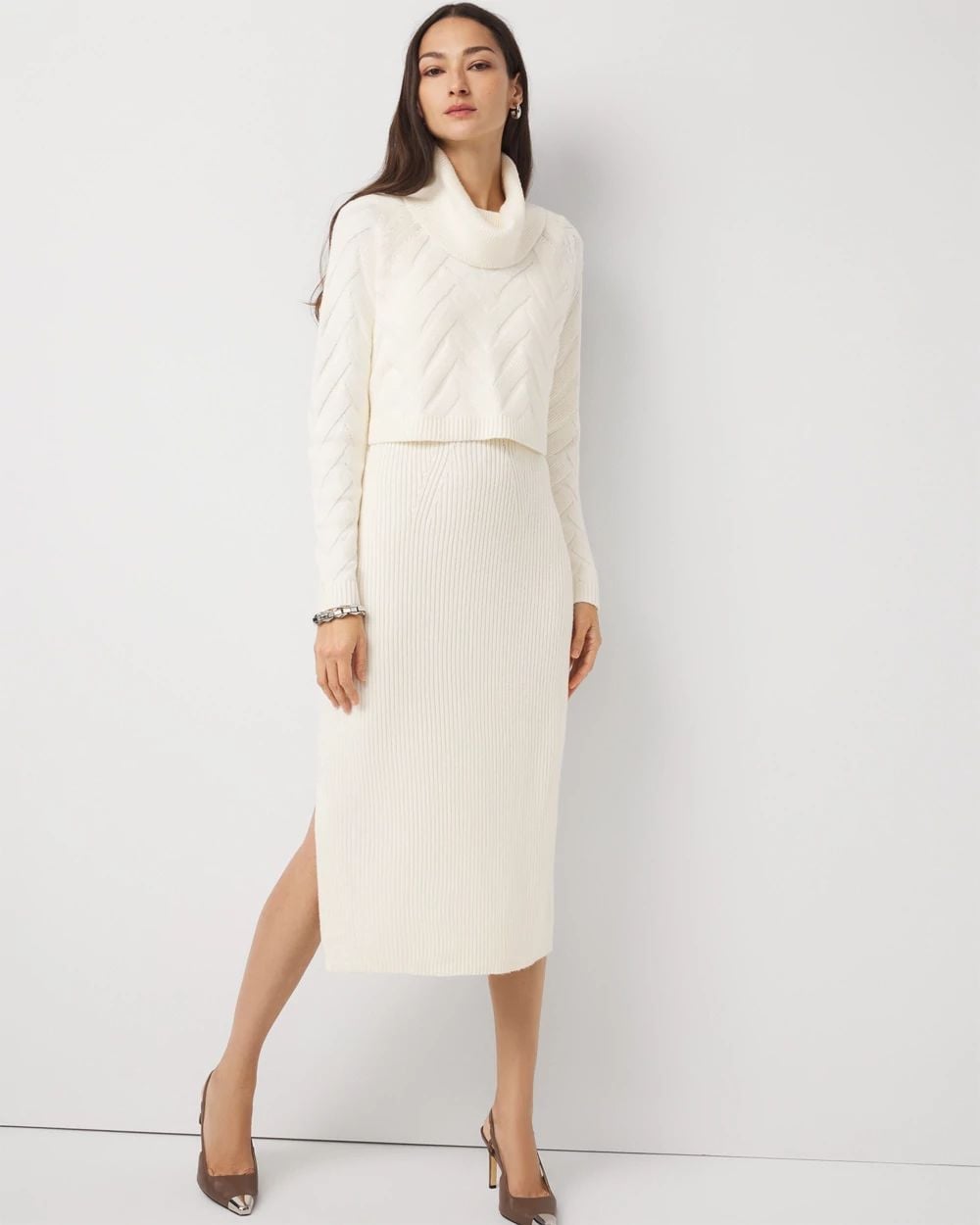 Cream Cropped Turtleneck Sweater With Midi Skirt Cream Cropped Turtleneck Sweater With Midi Skirt — Trendy White Sweater Outfit