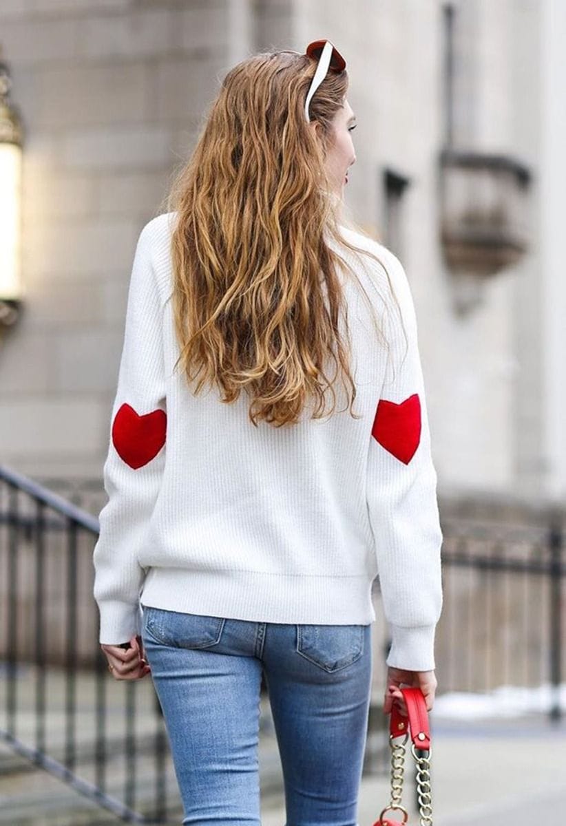White Knit Sweater With Red Heart Elbow Patches White Knit Sweater With Red Heart Elbow Patches — Trendy White Sweater Outfit