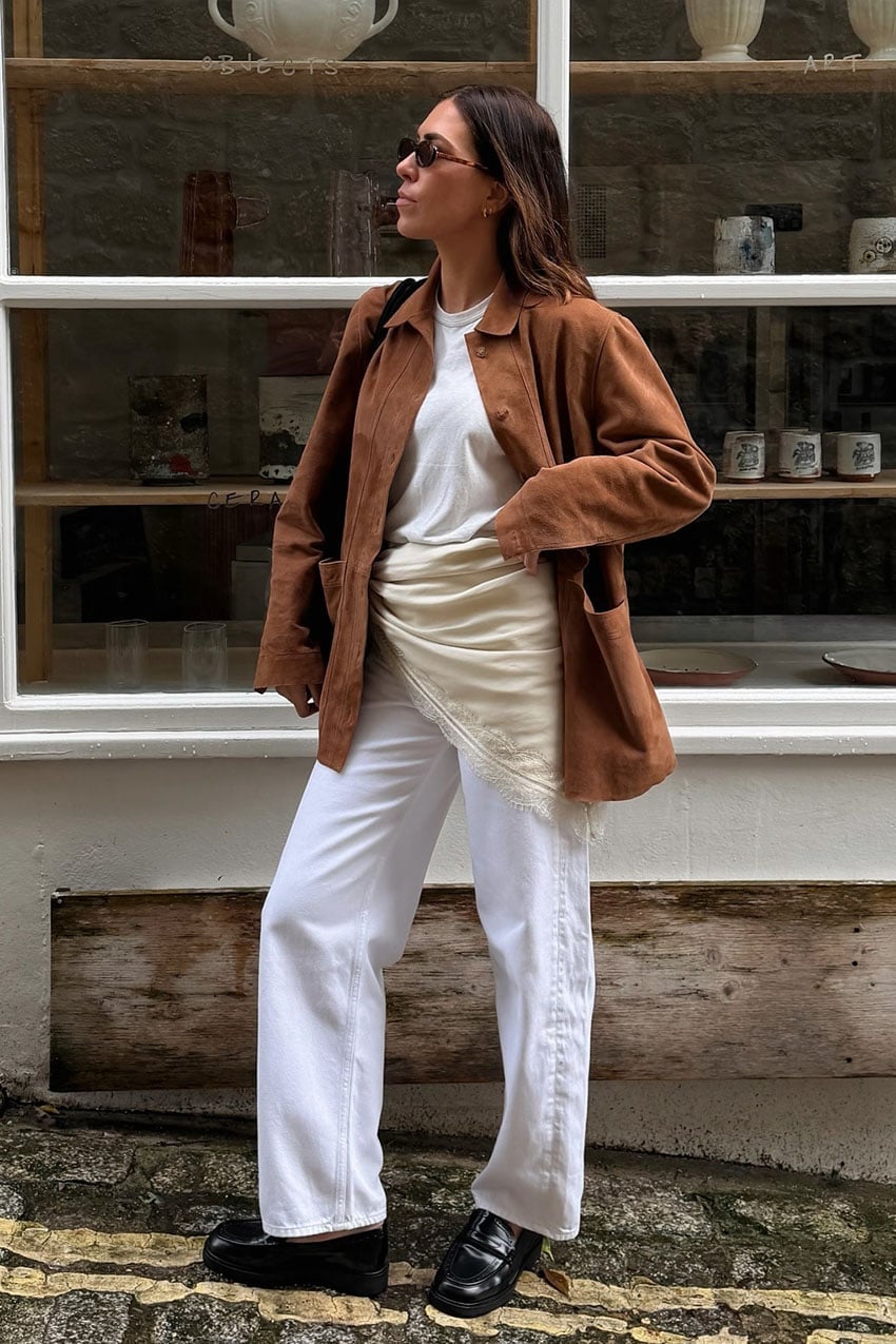 White Tee With Suede Jacket And Lace Trim Pants White Tee With Suede Jacket And Lace Trim Pants — Trendy White Tee Outfits