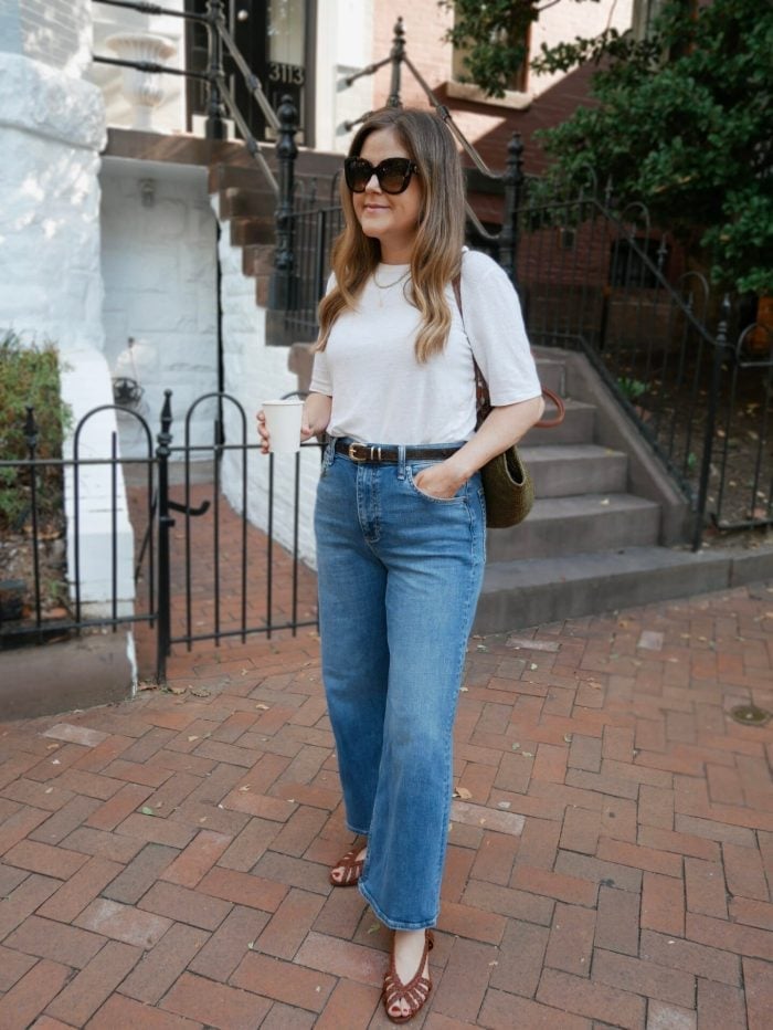White Tee With Straight Leg Jeans And Woven Bag White Tee With Straight Leg Jeans And Woven Bag — Trendy White Tee Outfits