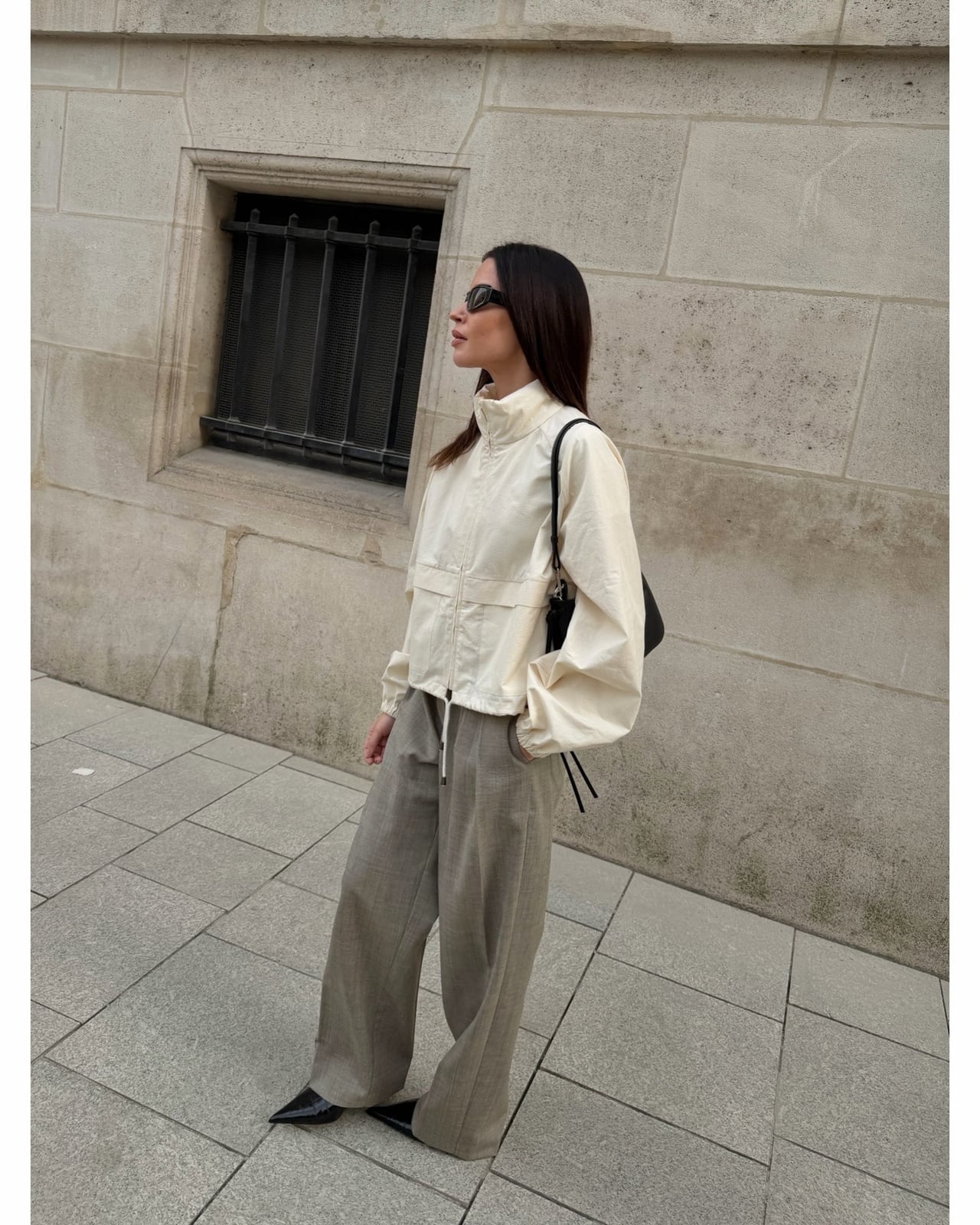 Cream Windbreaker with Utility Pockets and Wide Leg Trousers — Trendy Windbreaker Outfits
