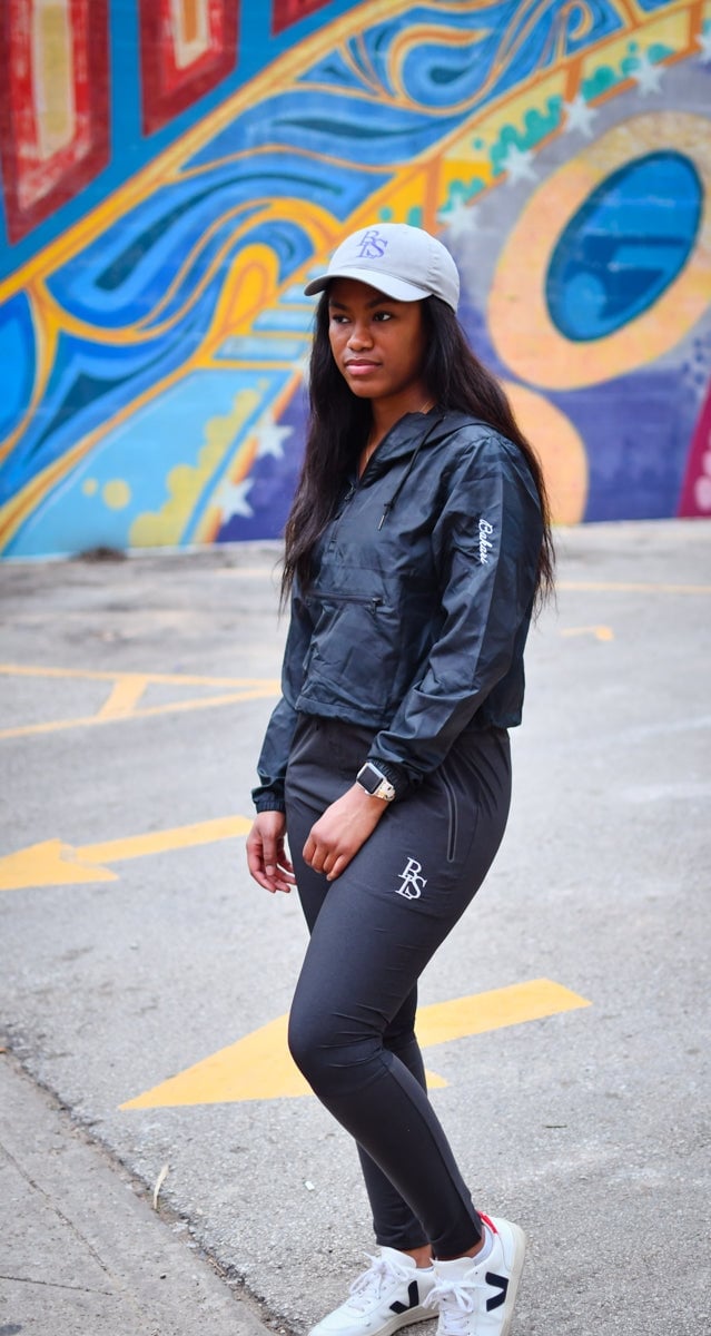 Black Cropped Windbreaker with Logo and Leggings — Trendy Windbreaker Outfits