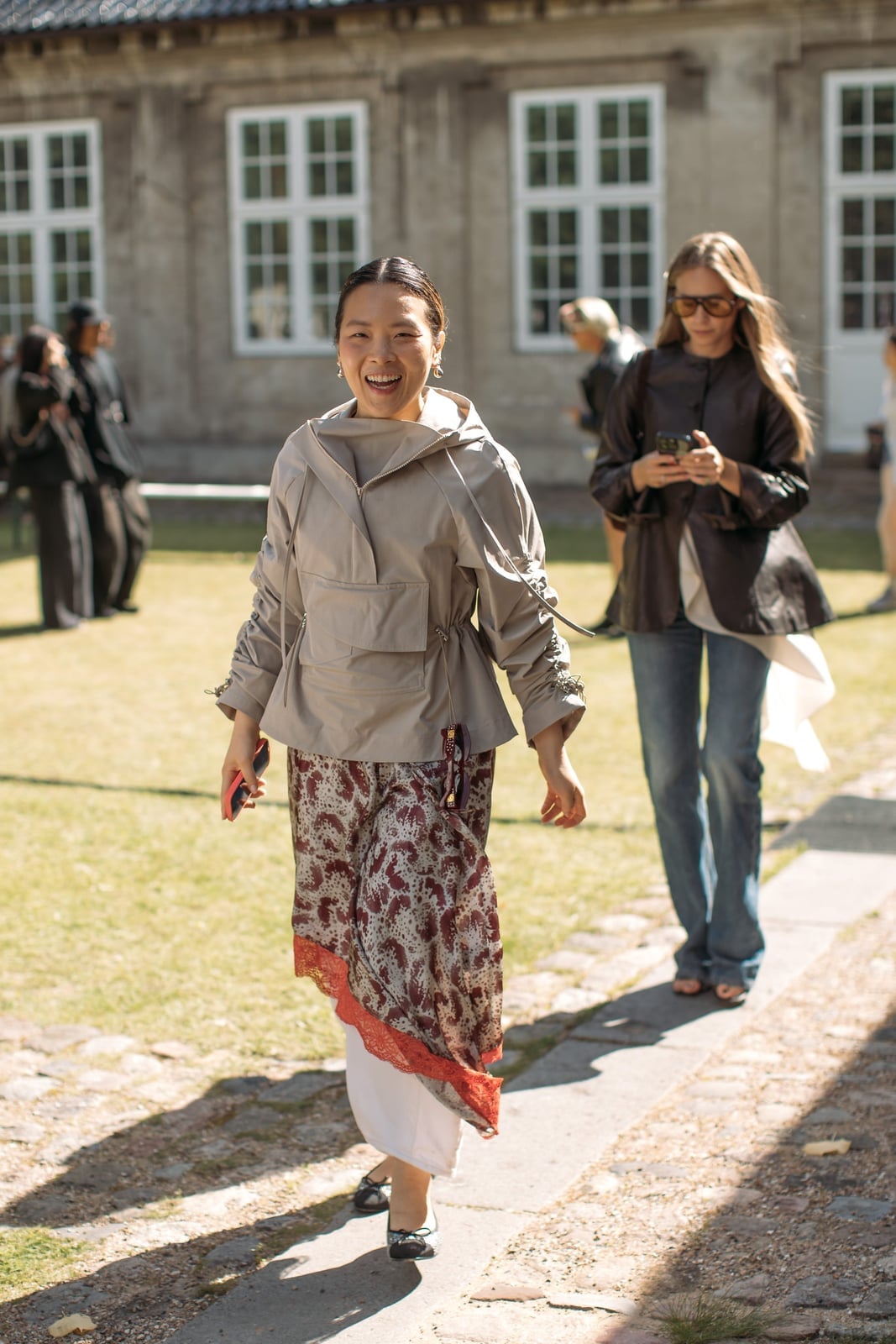 Gray Hooded Jacket with Utility Pockets and Flowing Skirt — Trendy Windbreaker Outfits