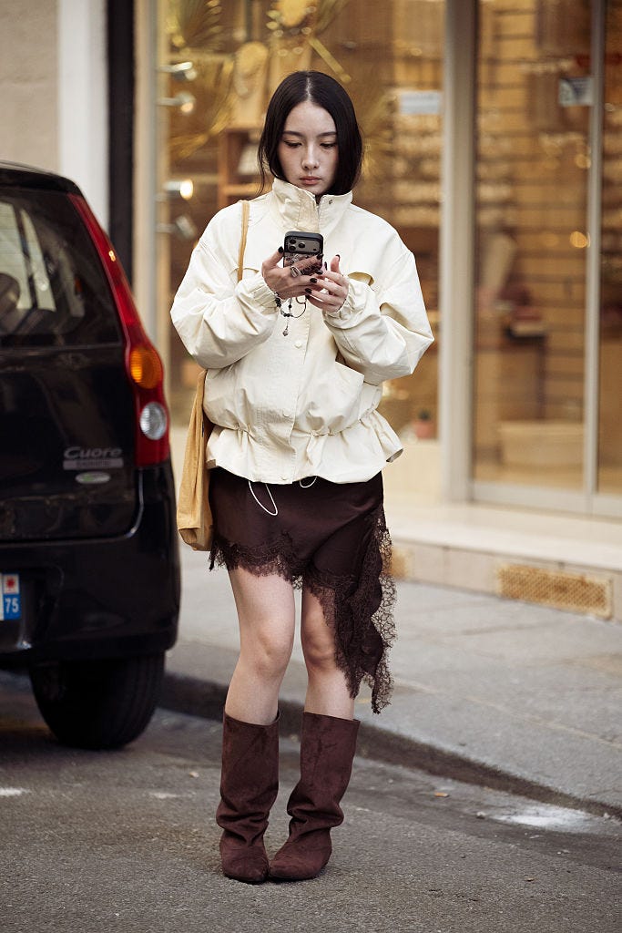 Cream Ruffled Hem Windbreaker with Lace Mini Skirt — Trendy Windbreaker Outfits