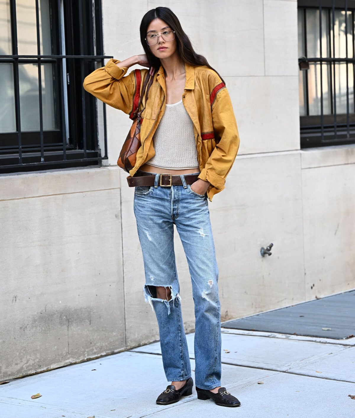 Paneled Jacket with Distressed Jeans and Loafers — Trendy Windbreaker Outfits