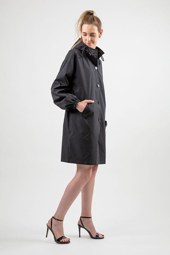 Black Longline Windbreaker with Button Closures — Trendy Windbreaker Outfits