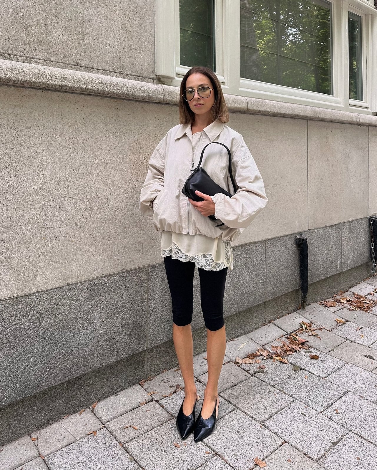 Oversized Cream Jacket with Lace Camisole and Leggings — Trendy Windbreaker Outfits