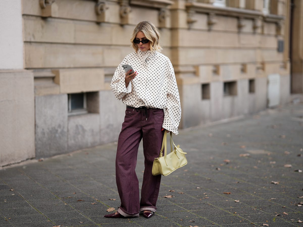 Burgundy Wide Leg Trousers with Polka Dot Blouse — Trendy Windbreaker Outfits