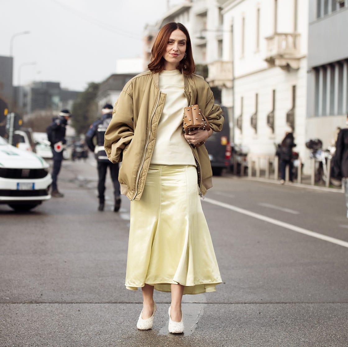 Oversized Beige Bomber Jacket with Satin Skirt — Trendy Windbreaker Outfits