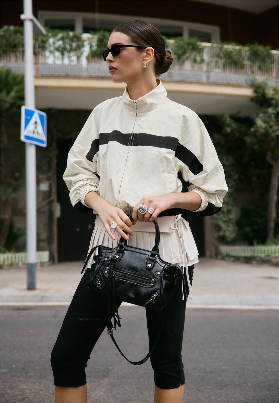 Cream Windbreaker with Striped Details and Peplum Top — Trendy Windbreaker Outfits