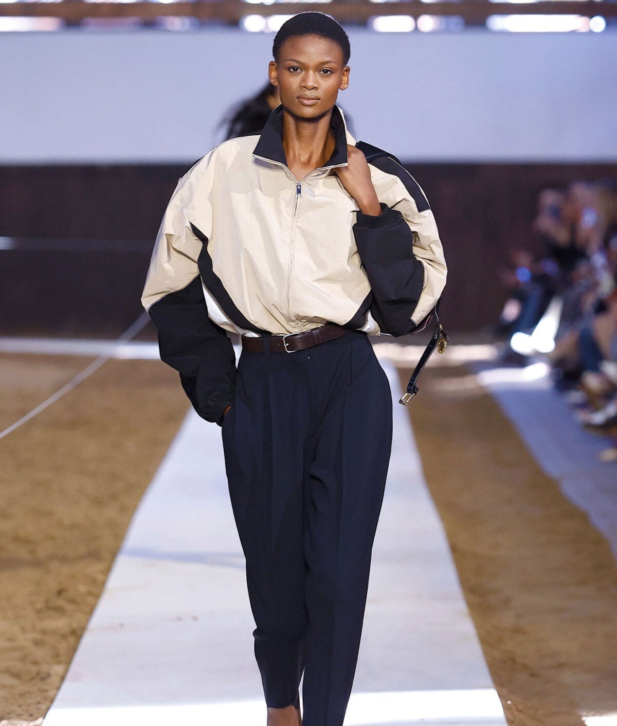 Color-block Windbreaker with High-Waisted Trousers — Trendy Windbreaker Outfits