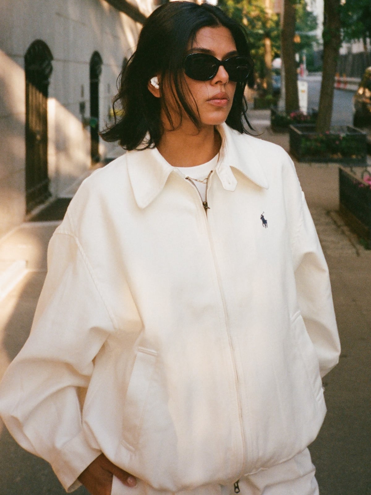 Oversized Collared Jacket with Embroidered Logo — Trendy Windbreaker Outfits