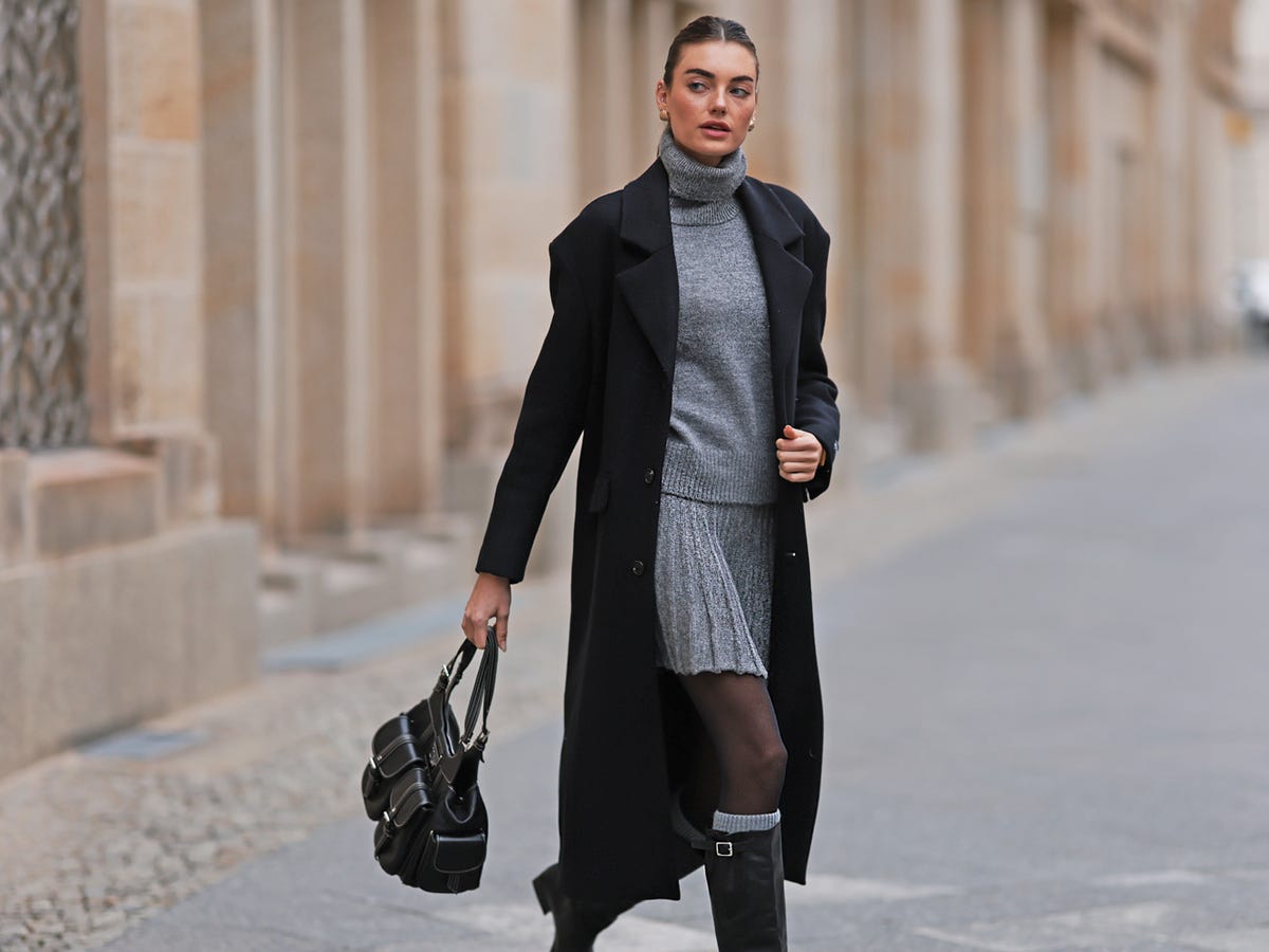 Black Wool Coat Over Gray Pleated Skirt — Trendy Wool Coat Outfits