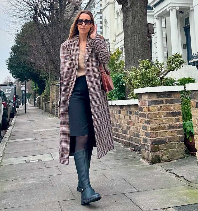 Plaid Wool Blend Coat With Black Skirt — Trendy Wool Coat Outfits