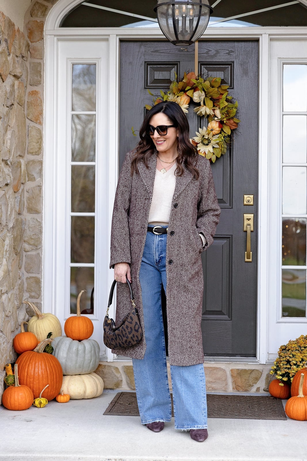 Herringbone Wool Coat With Wide Leg Jeans — Trendy Wool Coat Outfits