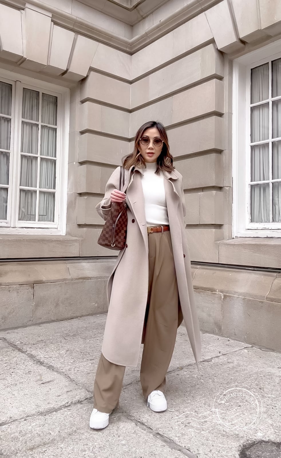 Beige Wool Coat With White Turtleneck And Taupe Trousers — Trendy Wool Coat Outfits