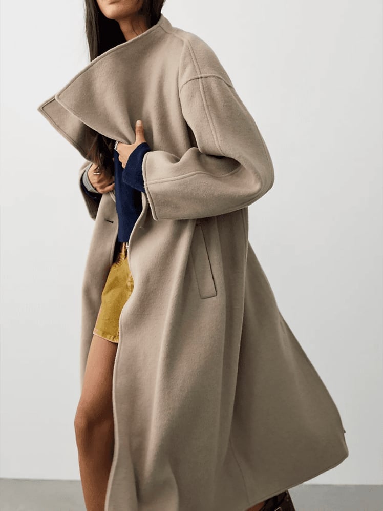 Oversized Beige Wool Coat With Yellow Skirt — Trendy Wool Coat Outfits