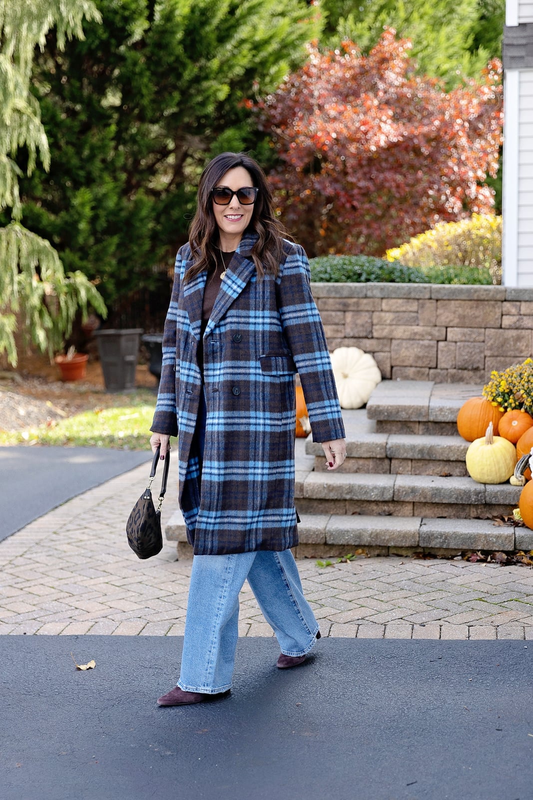 Blue Plaid Wool Coat With Wide Leg Jeans — Trendy Wool Coat Outfits