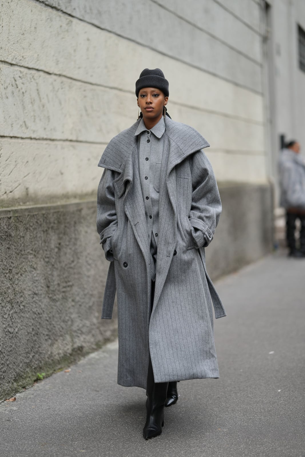 Monochromatic Gray Wool Coat With Pinstripe Set and Pointed Boots — Trendy Wool Coat Outfits