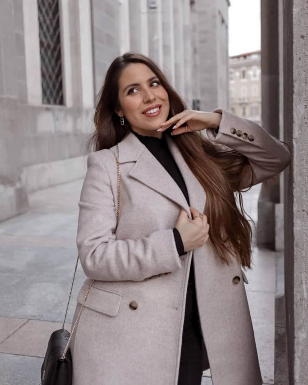 Beige Double-Breasted Wool Coat For Work — Trendy Wool Coat Outfits