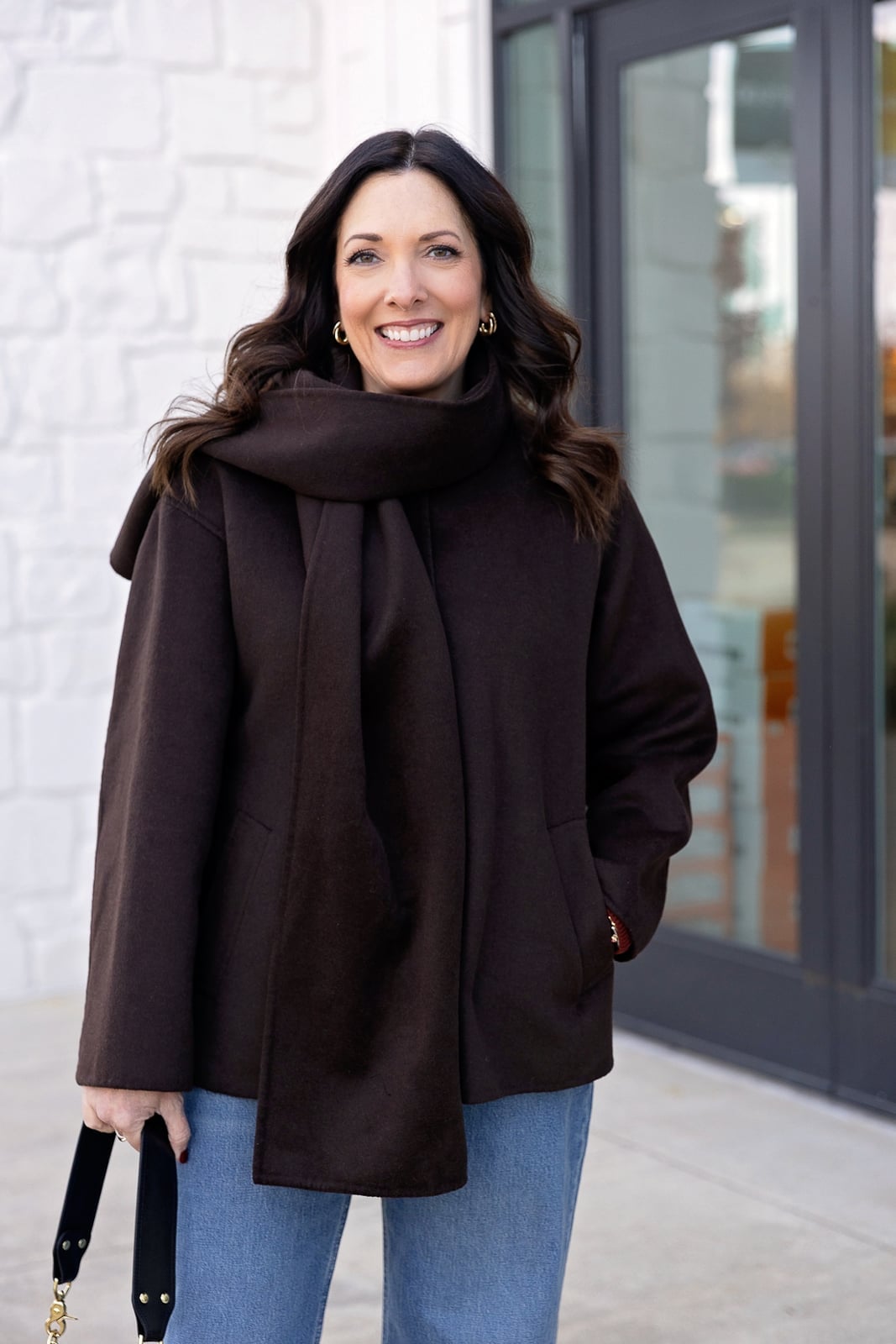 Short Brown Wool Coat With Oversized Scarf — Trendy Wool Coat Outfits