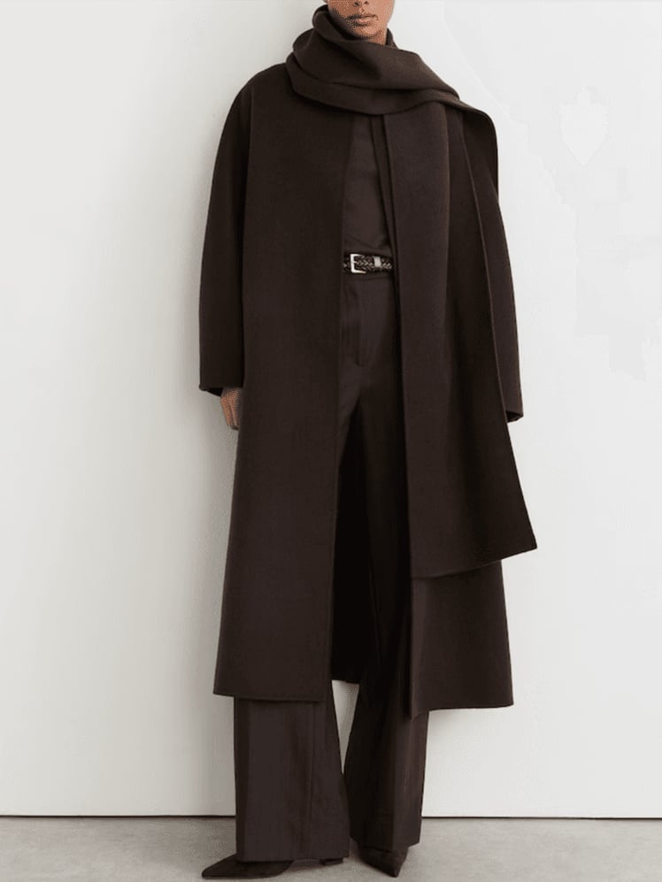 Oversized Brown Wool Coat With Wide Leg Trousers and Pointed Toe Heels — Trendy Wool Coat Outfits