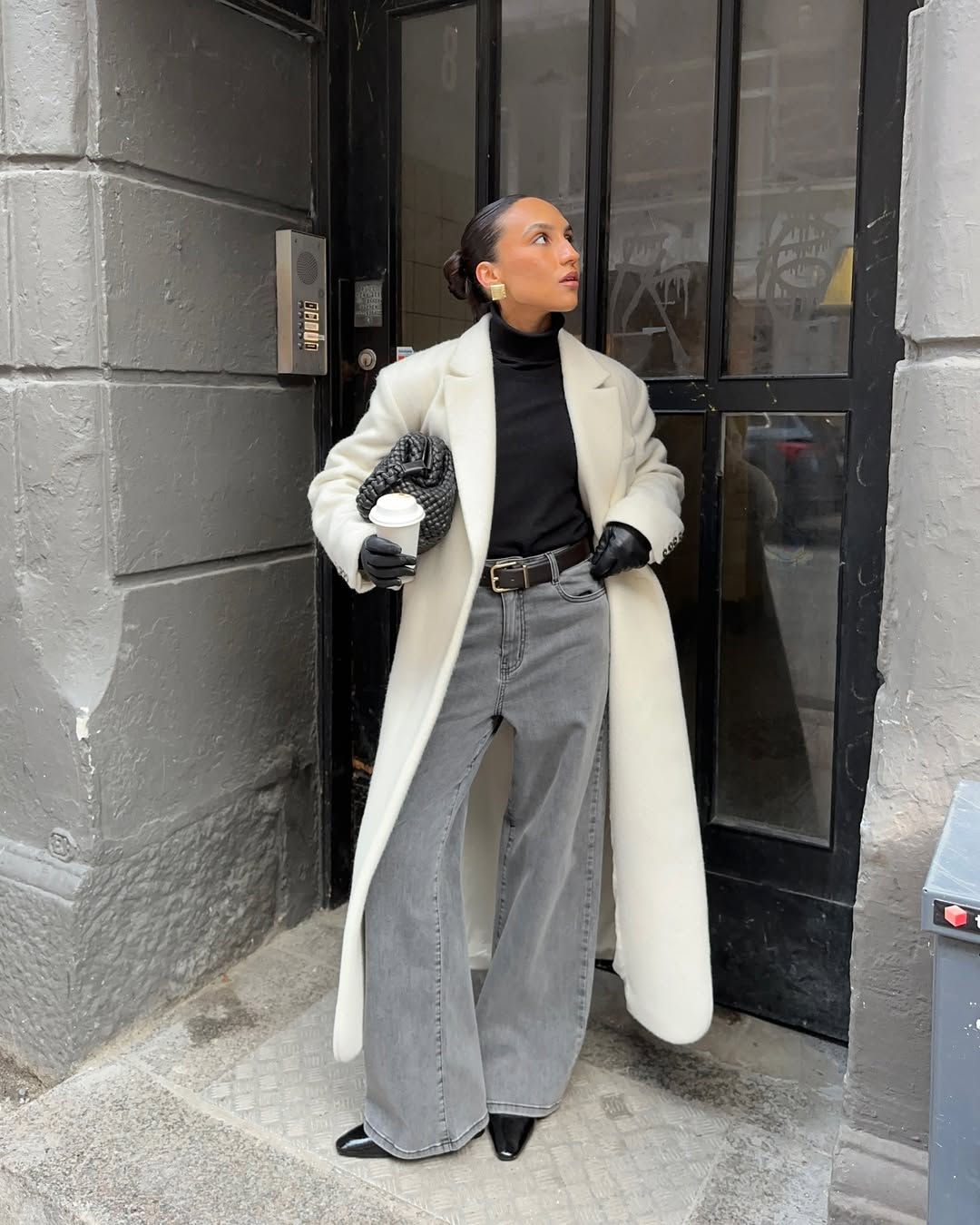 Long White Wool Coat Over Black Turtleneck, Close-Up Take — Trendy Wool Coat Outfits