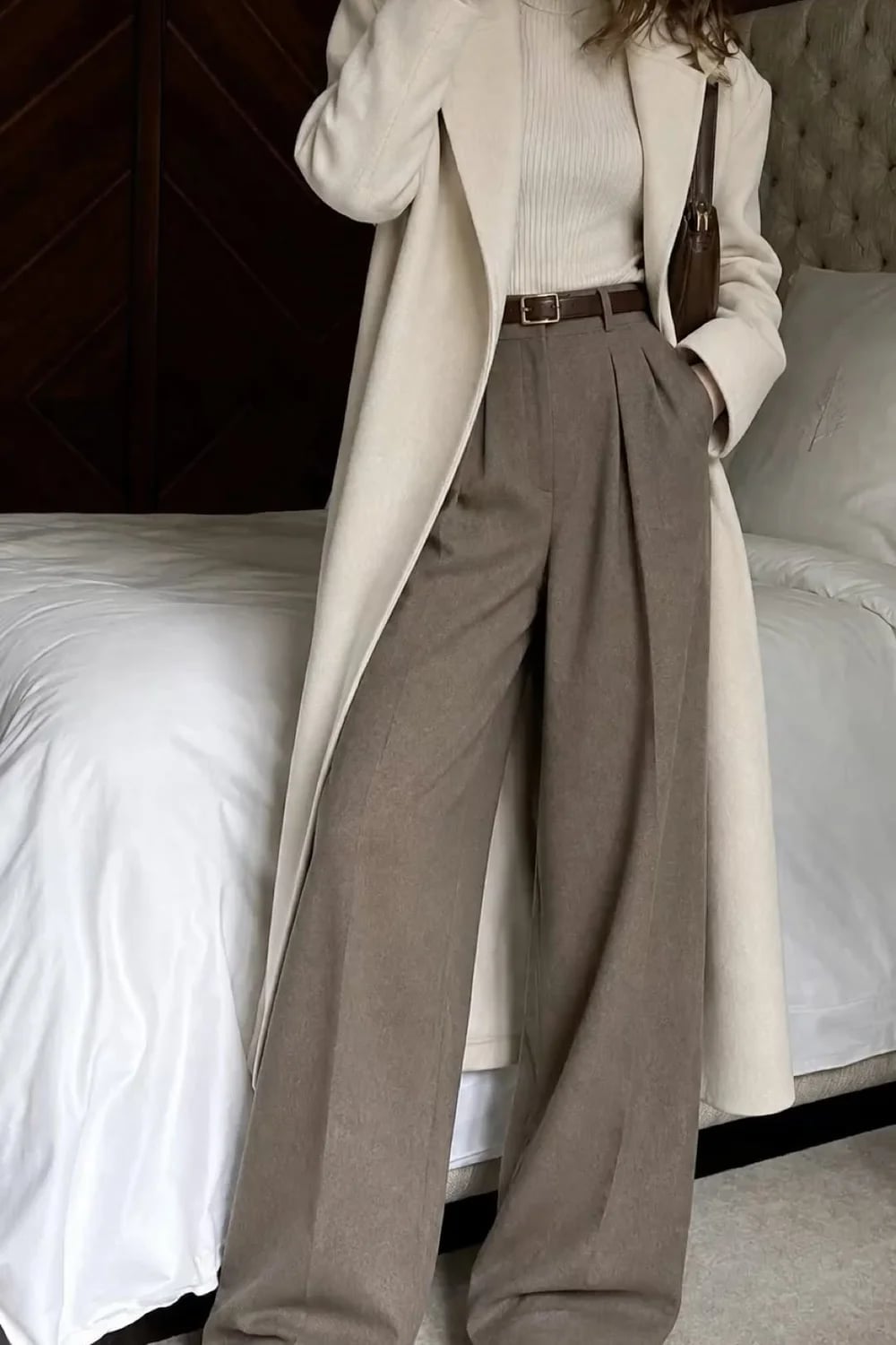 Cream Wool Coat With Neutral Trousers — Trendy Wool Coat Outfits