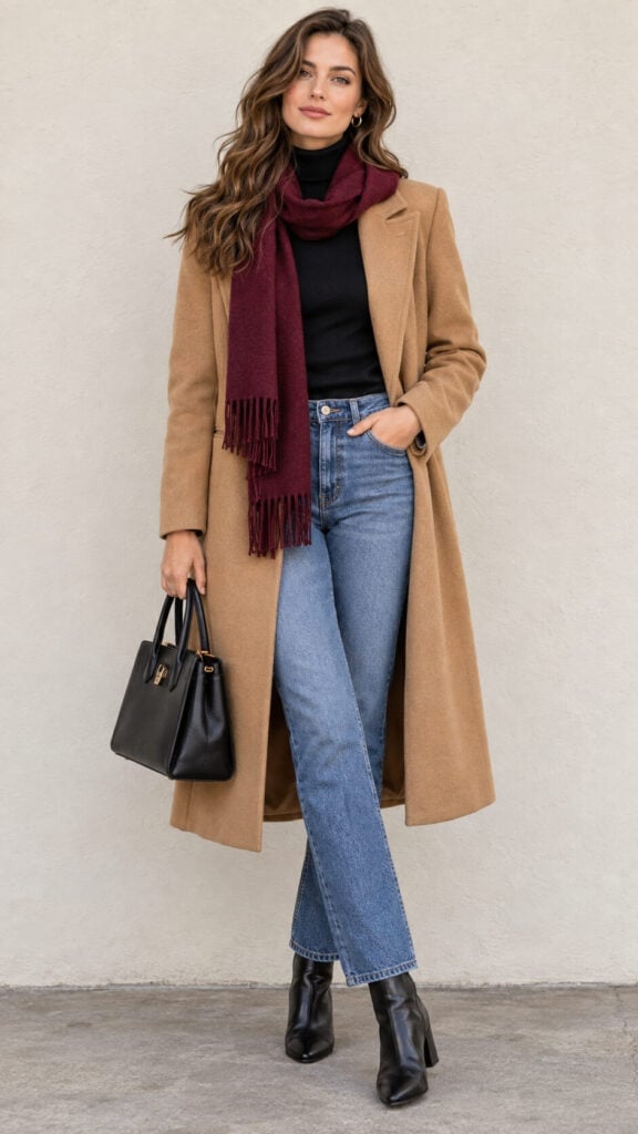 Camel Wool Coat With Black Turtleneck And Jeans — Trendy Wool Coat Outfits