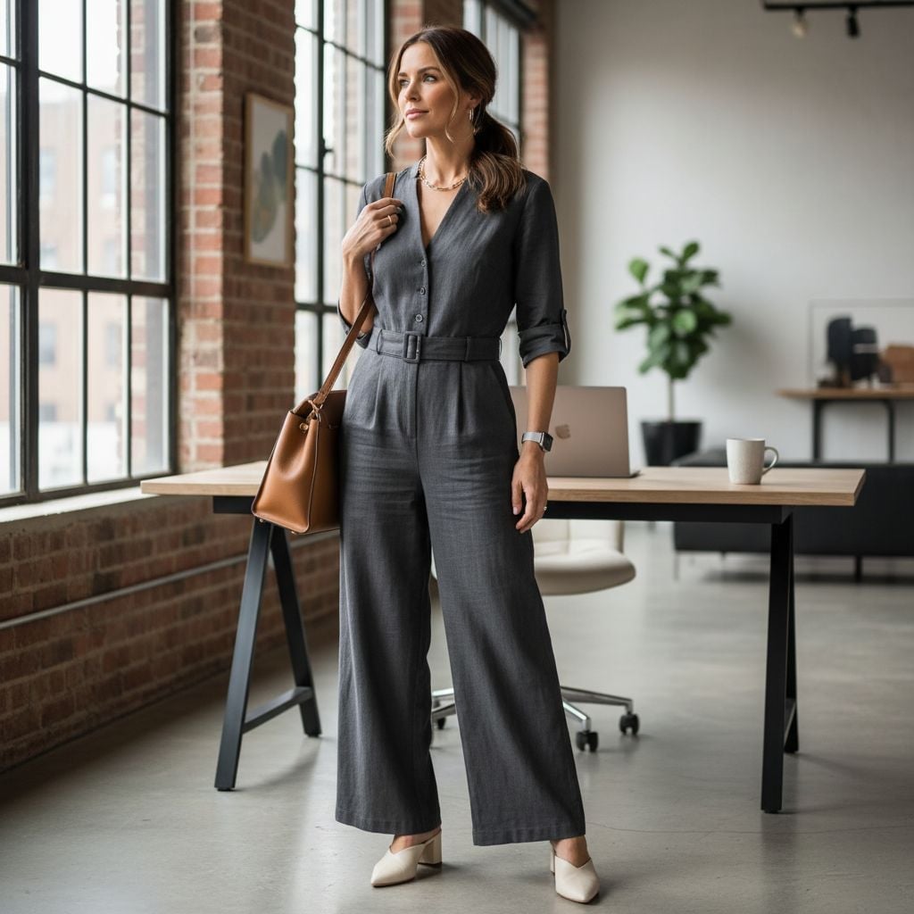 Monochromatic Gray Linen Blend Jumpsuit Outfit Monochromatic Gray Linen Blend Jumpsuit Outfit — Trendy Work From Home Outfits