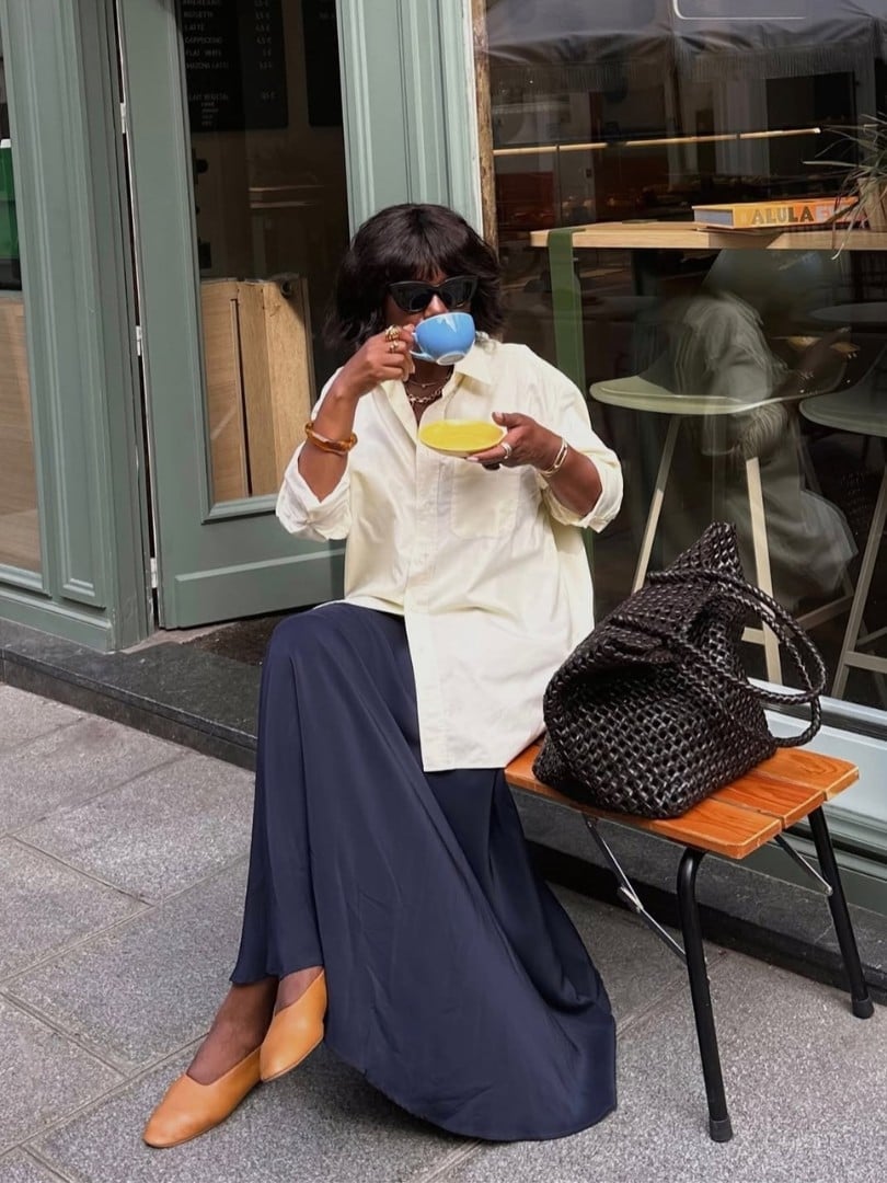 Cream Oversized Button-Down and Palazzo Pants, Close-Up Take Cream Oversized Button-Down and Palazzo Pants, Close-Up Take — Trendy Work From Home Outfits