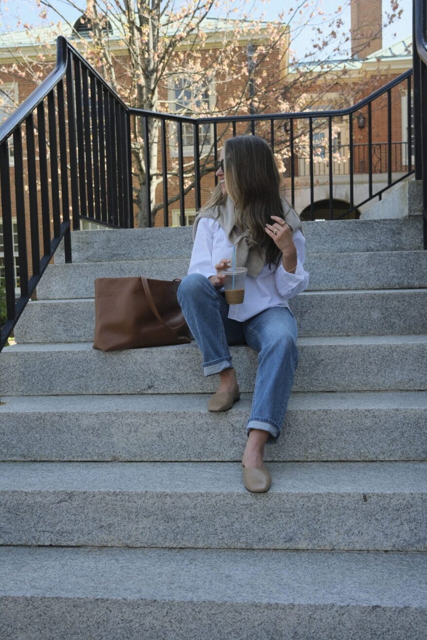 White Button-Down with Beige Cardigan White Button-Down with Beige Cardigan — Trendy Work From Home Outfits