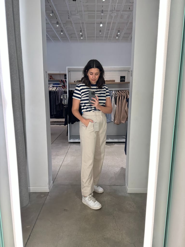 Striped T-Shirt with Beige Trousers and Sneakers, Close-Up Take Striped T-Shirt with Beige Trousers and Sneakers, Close-Up Take — Trendy Work From Home Outfits