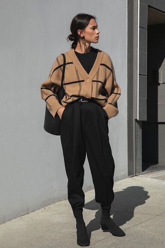 Checked Knit Cardigan and Black Trousers Checked Knit Cardigan and Black Trousers — Trendy Work From Home Outfits